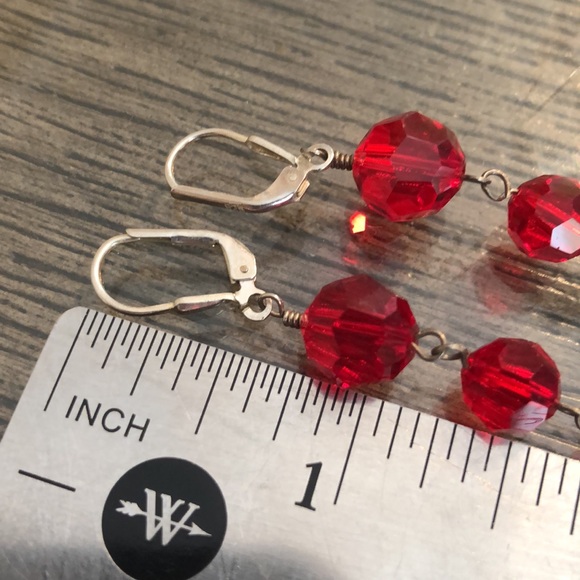 Vintage Red Cut Crystal Sterling Silver Lever Back Earrings Long Dangle - Picture 9 of 16